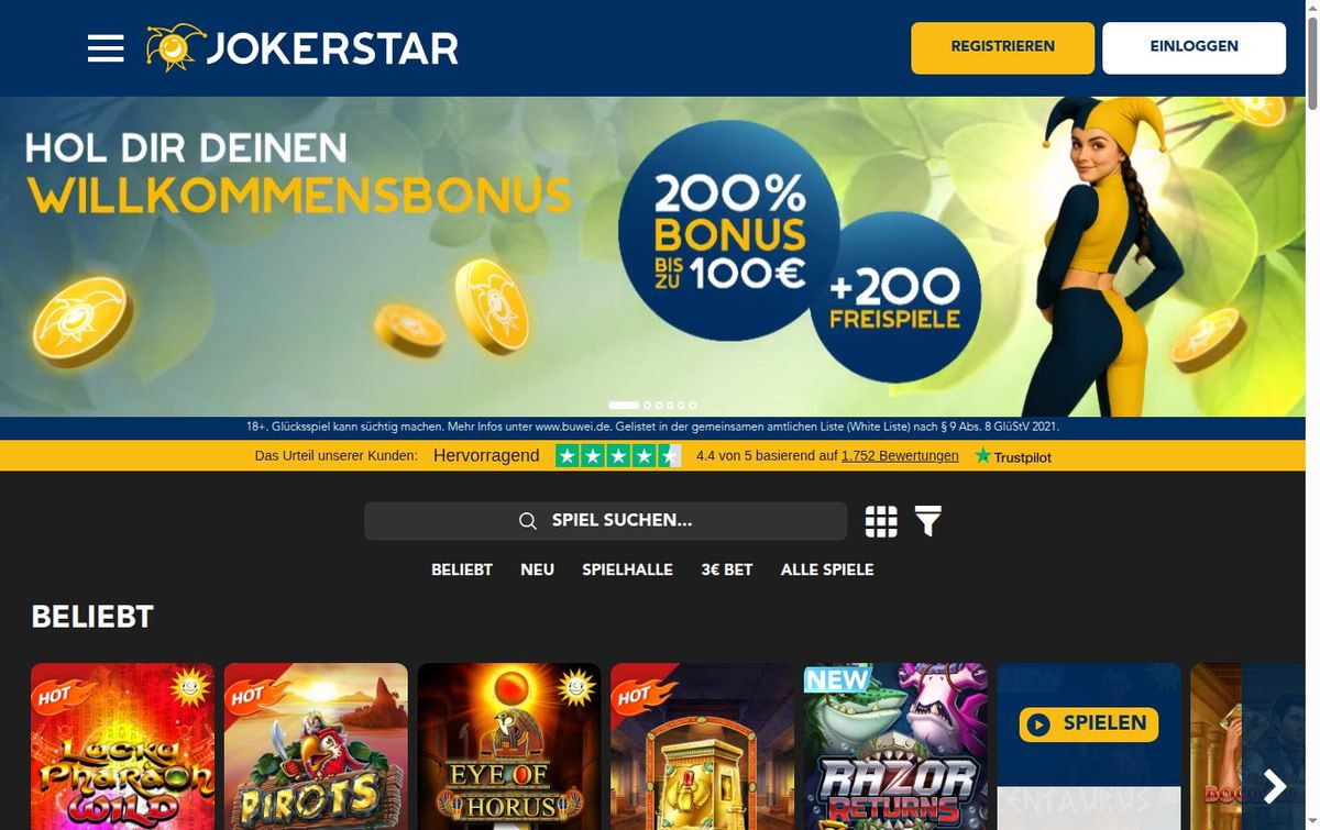 Jokerstar Startseite (Screenshot, Juli 2026)